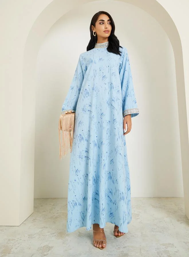 Women Blue Embellished Collar Jalabiya